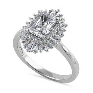 925 Sterling Silver Vintage Emerald Halo Clear CZ Engagement Ring